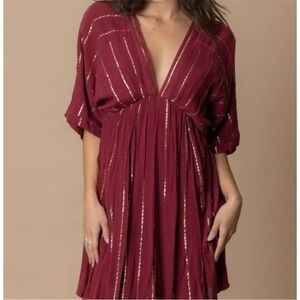 Arula Dress XL Burgundy Gold Striped V-Neck Boho Elastic Waist Women's NWT